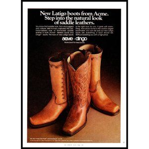 1974 Acme Dingo Brown Saddle Leather Roper Cowboy Boots Vintage Print Ad Decor